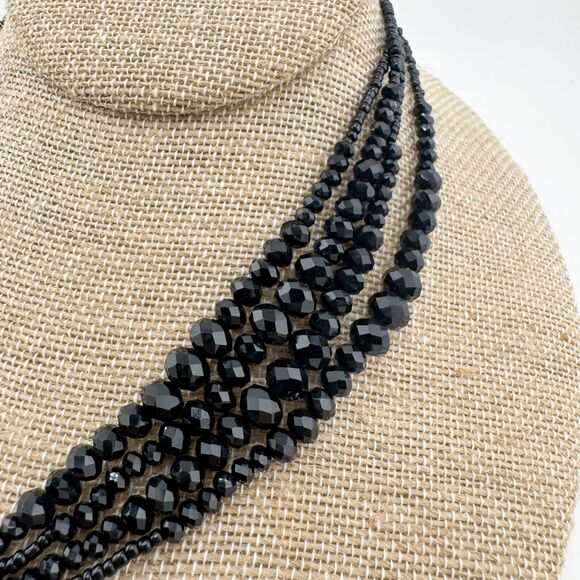 Vintage Black Beaded Layered Necklace Tassel Lariat Monochromatic Retro - Picture 6 of 11